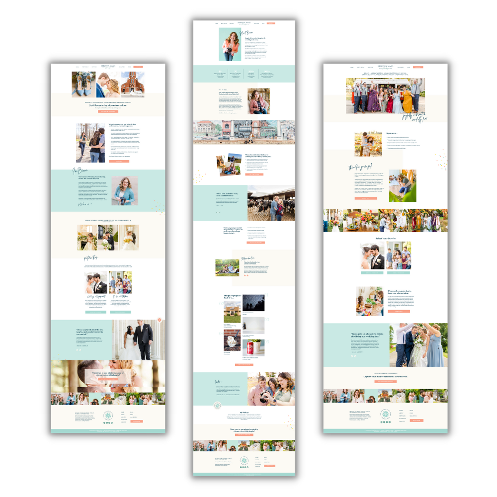 A collage of a wedding photography website screenshots showcasing various wedding and family photos, with text and design elements.